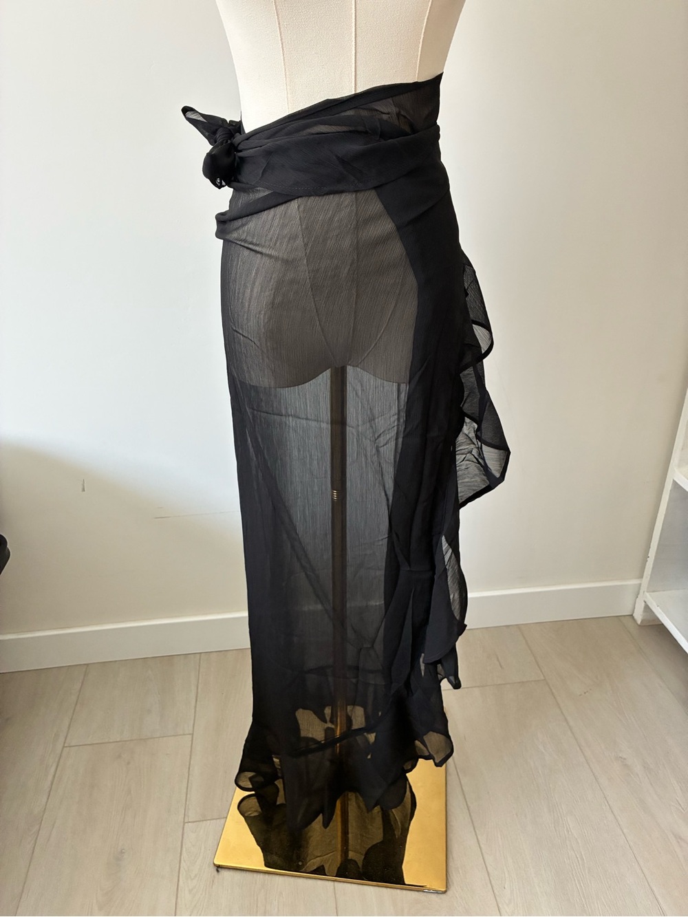 Black Sheer Ruffle Sarong Swim Cover Up